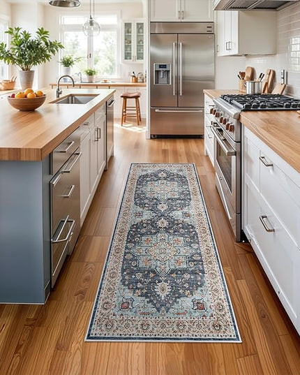 Washable Oriental Hallway Runner Rug - 2x6 Rugs for Living Room Soft Carpet for Bedroom Kitchen Waterproof Floral Distressed Indoor Stain Resistant Non-Shedding Floor Carpets (Blue/Teal/Orange, 2X6)