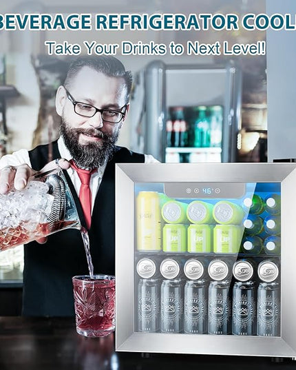 48 Can Beverage Refrigerator,12 Bottle Wine Cooler with Stainless Steel Glass Door, Digital Temperature Display, Countertop Mini Fridge for Soda, Wine or Beer, Silver