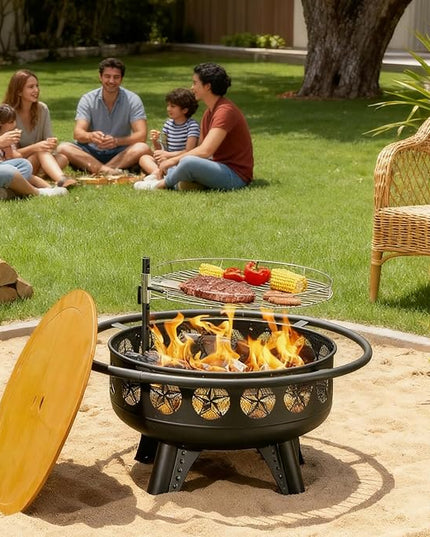 32 Inch Fire Pit with Swivel Cooking Grate,3-in-1 Wood Burning Firepit with Grill,Outdoor Fire Pits Table with Metal Lid and Poker for Outside Patio Backyard BBQ Bonfire Camping (32 Inch)