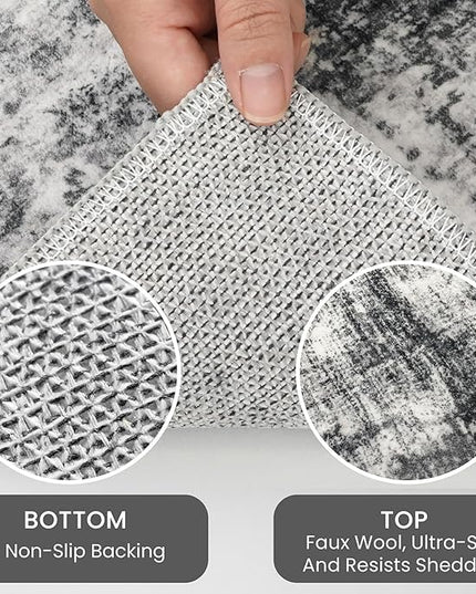 IOHOUZE Modern Abstract Area Rugs 6x9 Ft Washable Rugs for Living Room, Non Slip Dining Room Rug, Printed Faux Wool Rugs for Bedroom, Floor Carpet for Office Nursery Playroom, Black Grey