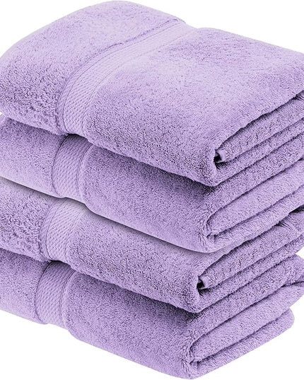 Superior Egyptian Cotton Pile Bath Towel Set of 4, Ultra Soft Luxury Towels, Thick Plush Essentials, Absorbent Heavyweight, Guest Bath, Hotel, Spa, Home Bathroom, Shower Basics, Purple