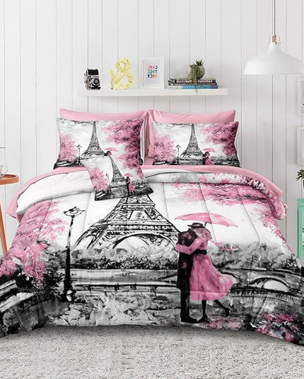 Bedbay 8 Pieces Pink Paris Comforter Set Full Bed in a Bag Set Boys Girls Bedding Full Size Eiffel Tower Romantic Couple Paris Themed Bedroom Decor Pink and Grey Comforter Set (Couple,Full)
