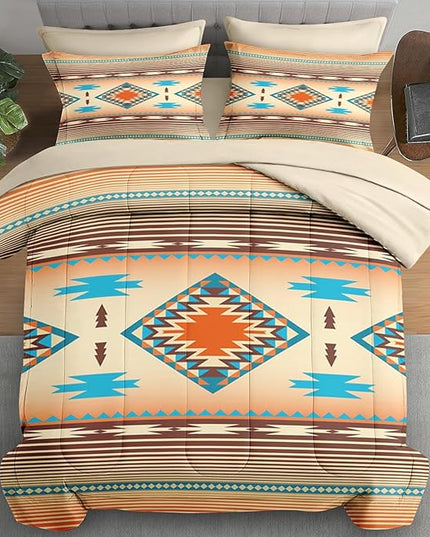 Comforter Set Queen Size, Southwest Western Geometric 7 Pcs Bedding for Kids and Adults, Mexico Stripe Turquoise Bed Sheet Sets with Fitted Sheet 2 Pillowcases & 2 Shams