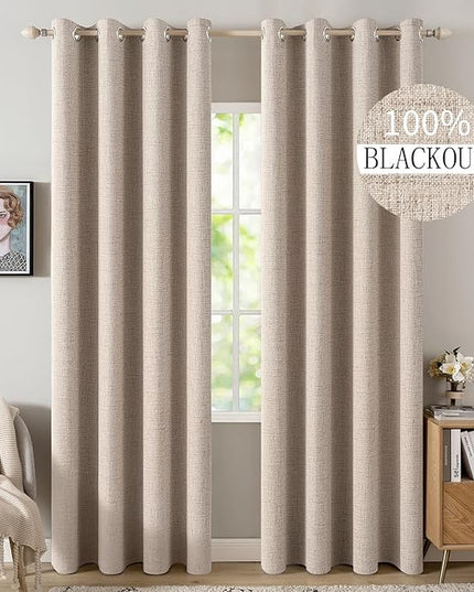 MIULEE 100% Blackout Linen Textured Curtains for Bedroom Solid Thermal Insulated Natural Beige Grommet Room Darkening Curtains & Drapes Luxury Decor for Living Room Nursery 52 x 96 Inch (2 Panels)