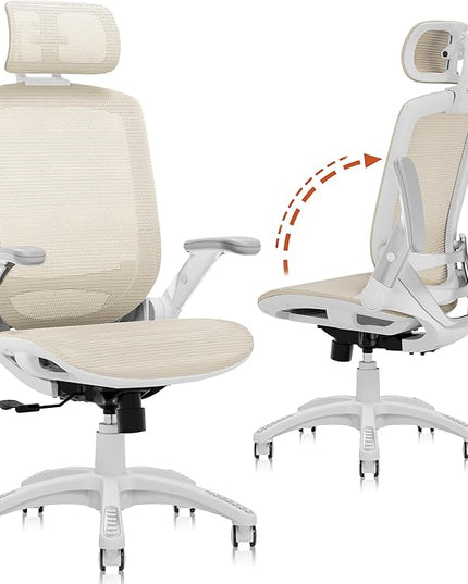 GABRYLLY Ergonomic Office Chair, High Back Home Desk Chair with Headrest, Flip-Up Arms, 90-120° Tilt Lock and Wide Cushion, 400LBS Mesh Chairs for Man Woman, White Task Chair(Beige,GY01WBG)