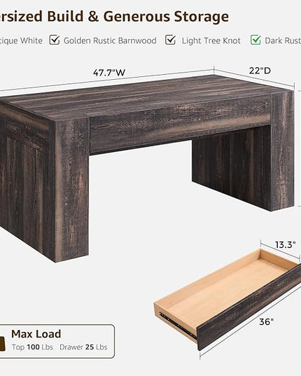 OKD 48" Modern Farmhouse Coffee Table, Wooden Living Room Table with Hidden Storage Drawer, Rustic Rectangular Center Tables w/Wood Thick Design for Living Room, Office, Dark Rustic Oak