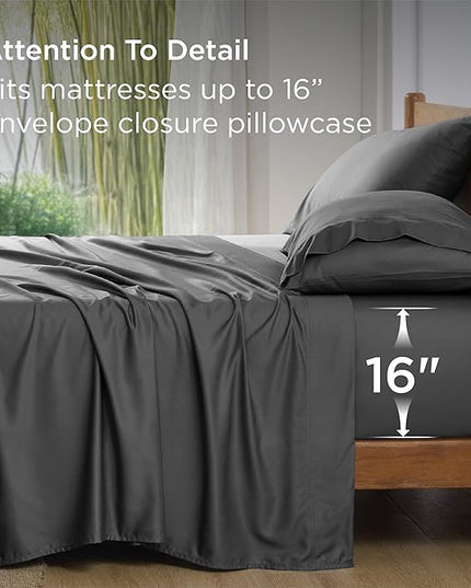 Bedsure Queen Sheet Set, Rayon Derived from Bamboo, Cooling Sheets, Breathable & Soft, Deep Pocket Up to 16 Inches, Hotel Luxury Silky Bedding for Hot Sleepers, Grey