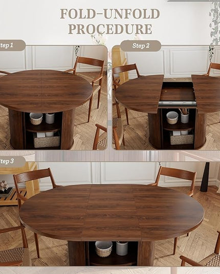 Oval Extendable Dining Table with Storage,59" Storage Kitchen Table for 4-8 People with Curved Sliding Door Fluted Wood Coffee Table Thickened Tabletop for Dining Room/Kitchen,Brown