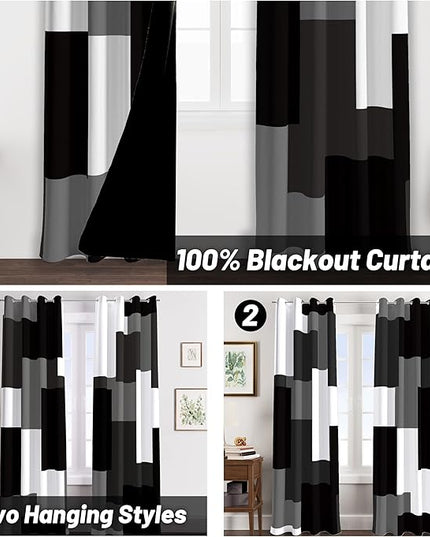 Black Grey 100% Blackout Curtains for Bedroom 84 inch Long 2 Panels Set White Gray Modern Abstract Geometric Black Out Curtains Insulated Room Darkening Window Drapes for Living Room, 52Wx84L