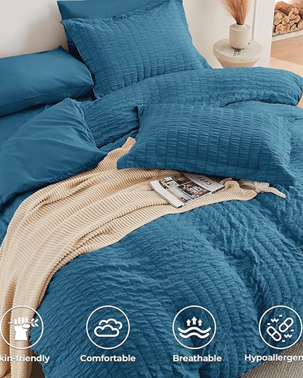 HYMOKEGE Teal Twin Comforter Set Seersucker 5 Pieces, All Season Luxury Bed in a Bag for Bedroom, Bedding Set with Comforters, Sheets, Pillowcase & Sham
