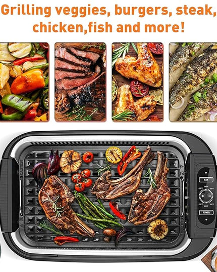 Indoor Grill, Techwood 1500W Smokeless Electric Grill with Tempered Glass Lid, Compact & Portable Non-Stick BBQ Grill with 6-Level Control, Dishwasher Safe, Black