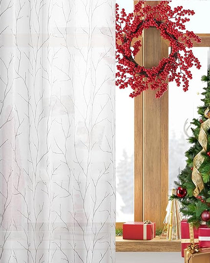 BUHUA Christmas Sheer Curtains 63 Inch Length 2 Panels Set, Sheer Window Curtains Tree Pattern, Privacy Curtain for Kitchen Living Room (52 x 63 Inch, 1 Pair, White)