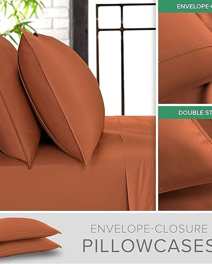 Pure Bamboo Queen Sheets, Genuine 100% Organic Viscose Derived from Bamboo Bed Sheet Set, Luxuriously Soft & Cooling, Double Stitching, 2 Year Quality Promise (Queen, Terracotta)
