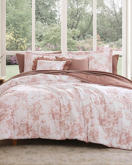 Full Comforter Set -7 Pieces Pink Floral Comforter Set for All Seasons, Bed in a Bag Full with Botanical Flowers Comforter, Sheets, Pillowcases & Shams