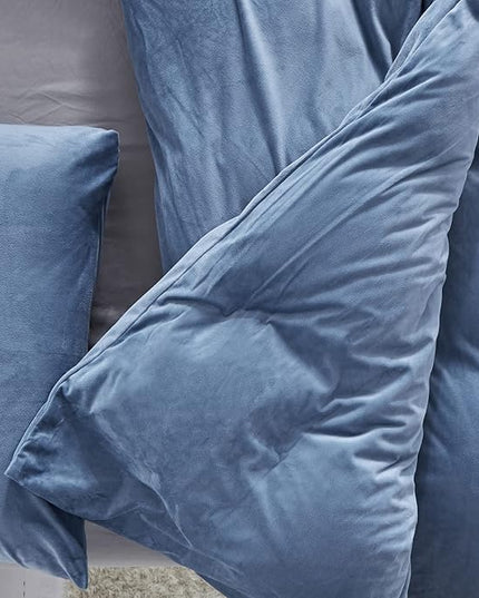 Luxlovery Blue Velvet Queen Fluffy Plush Bedding Haze Blue Sherpa Micromink Blanket Quilts Soft Heavyweight Winter Warm Comforter Set