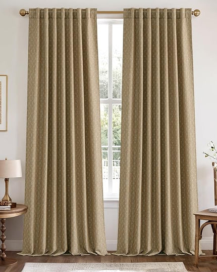 MIULEE Decorative Back Tab Linen Curtains with Geometric Pattern for Living Room Bedroom Farmhouse Rustic Thick Woven Textured Patterned Mudcloth Drapes 96 Inches Long 2 Panels Set, Khaki