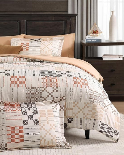 MaiRêve Full Size Comforter Sets, Classic Plaid Farmhouse Bedding Sets 7 Pieces, Beige All Season Bed in A Bag with Sheets, Pillowcases & Shams