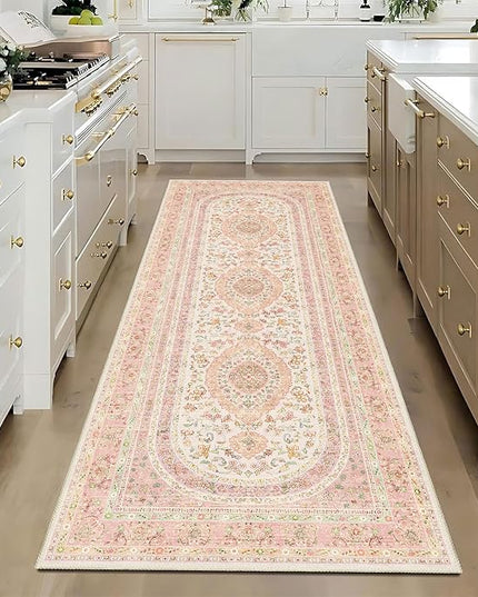 Washable Runner Rug 2x6,Pink Rug Runners Non Slip,Long Boho Rugs for Hallways Kitchen Bedroom Entryway Living Room Bathroom,Vintage Bohemian Distressed Farmhouse Floor Carpet,Blush Floral