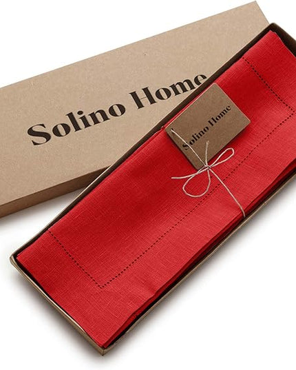 Solino Home Linen Cloth Placemats Set of 6-100% Pure Linen Hemstitch Red Placemats 14 x 19 Inch - Classic Hemstitch Table Place Mats for Christmas, Winter, New Year