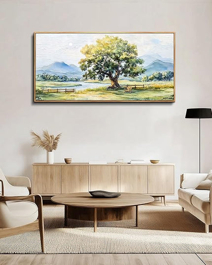 PHAOHUAXM Farmhouse Wall Art For Dining Room Canvas Wall Decor For Bedroom Office Green Tree Ink-Wash Landscape Painting Pictures Art Aesthetic living room Home Decor Posters 20x40 In Wood Framed