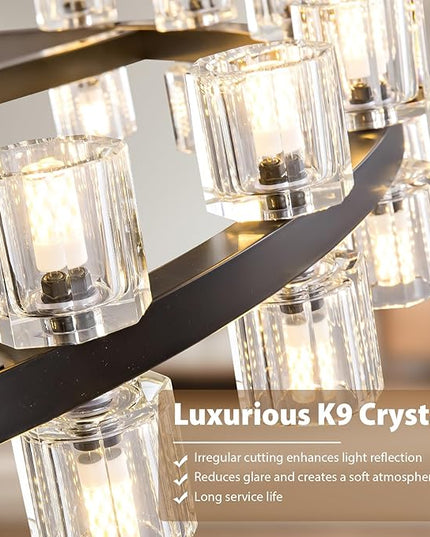 48'' Modern Large Chandelier, 48-Light Elegant Crystal Chandeliers for Dining Room, Black Farmhouse Round Wagon Wheel Pendant Lighting Fixture with Glass Shade for Living Room High Ceilings Entryway