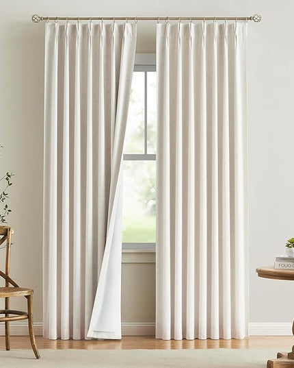 Vision Home Natural Pinch Pleated Full Blackout Curtains Linen Blended Room Darkening Window Curtains 63 inch for Living Room Bedroom Thermal Insulated Pinch Pleat Drapes with Hooks 2 Panel 40"Wx63"L