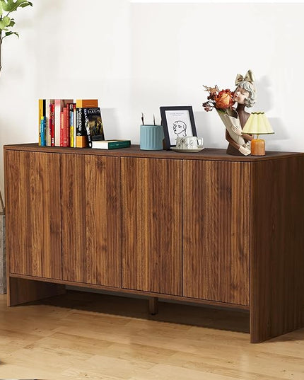 Sideboard Buffets Cabinet, Modern Accent Storage Cabinet with 4 Fluted Doors and Adjustable Shelves, Wood Credenza Buffet Sideboards, Console Table for Kitchen Dining Living Room Entryway (Walnut)