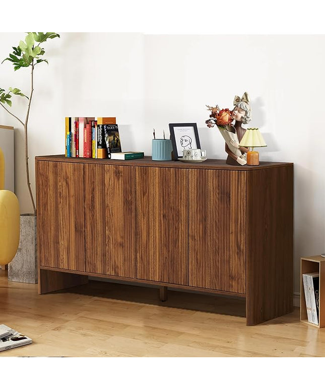 Sideboard Buffets Cabinet, Modern Accent Storage Cabinet with 4 Fluted Doors and Adjustable Shelves, Wood Credenza Buffet Sideboards, Console Table for Kitchen Dining Living Room Entryway (Walnut)