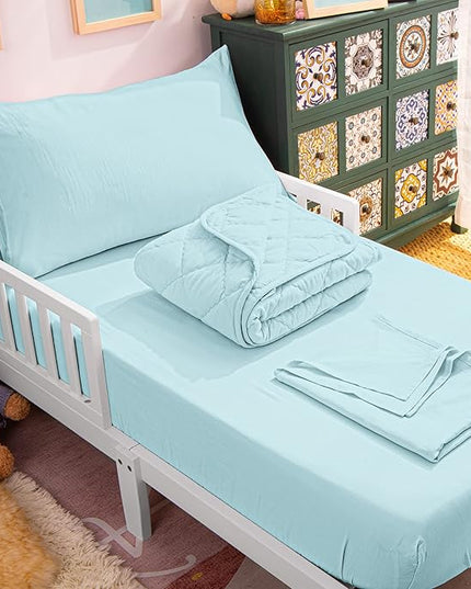 NTBAY Toddler Bedding Set - 4 Piece Soft and Breathable Crib Bedding Set for Boys and Girls, Includes Quilted Comforter, Fitted Sheet, Flat Top Sheet and Envelope Pillowcase, Aqua