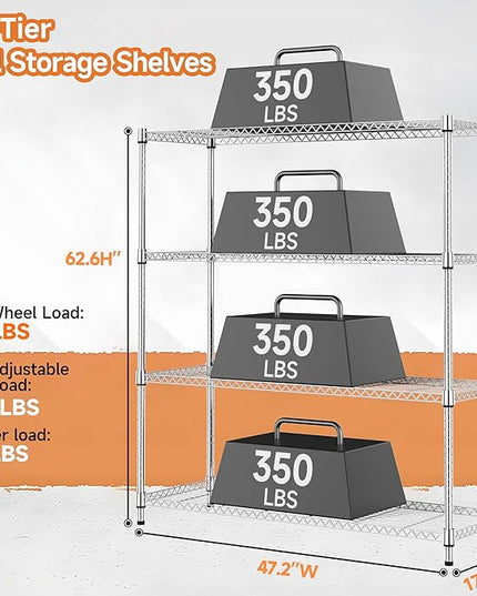4 Tiers Storage Shelves Load 1400LBS, Metal Shelving Wire Metal Shelving Unit Shelves for Storage Adjustable Garage Shelving for Pantry Kitchen Garage Chrome 17.7" D x 47.3" W x 62.7" H