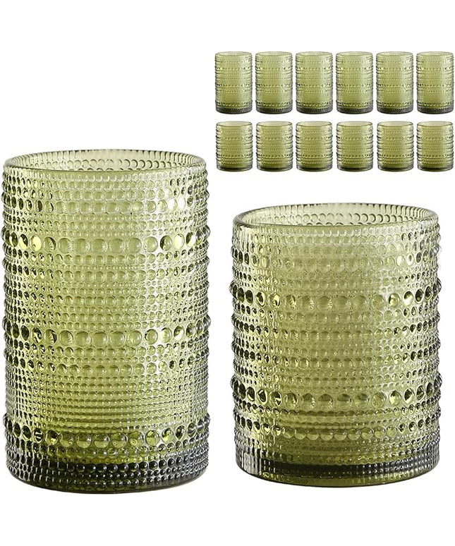 Vintage Glassware Drinking Glasses Set of 12,Green 12oz & 15oz Hobnail Glass Cups,Embossed Water Tumbler,for Beer,Cocktail,Whiskey,Juice and Various Mixed Drinks- 1 Cleaning Brush