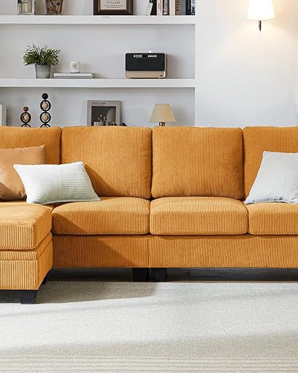 CHIC HOUSE Corduroy Modular Sectional Couch with Ottoman Chaise, L/U Shaped Sleeper Sofa for Living Room, Apartment, Lounge, Modern Armrest Neck Support Furniture (5 Seater Sectional, Mustard Yellow)