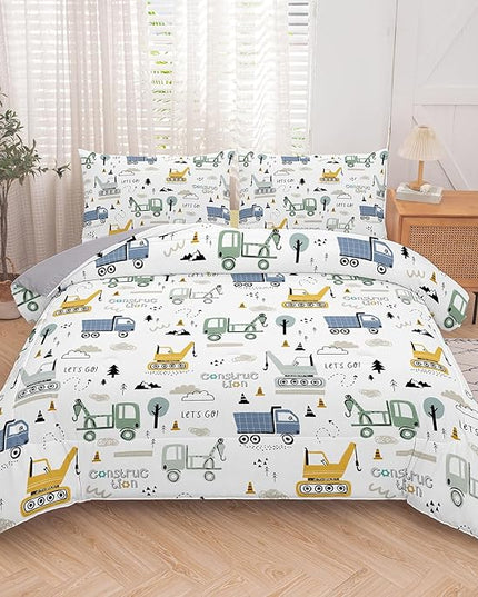 NINENINE Boys Construction Bedding Set Full, 3-Piece Kids Comforter Set for Boys, Soft Lightweight Microfiber Kids Excavator Comforter Set with 2 Pillowcases