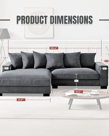 Luxe Oversized Two-Piece Sectional Couches for Living Room, 102.4-Inch L Shaped Sofa with Chaise, Upholstered with Corduroy Fabric, Gray - Left Facing