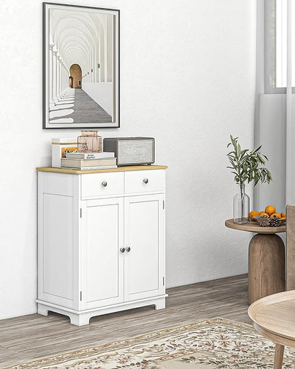 HOMCOM Sideboard with Solid Wood Countertop, Modern Kitchen Storage Cabinet, Coffee Bar Cabinet with 2 Drawers, Doors and Adjustable Shelf, Distressed White