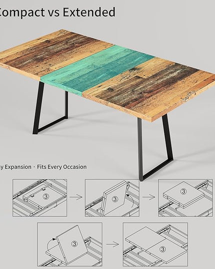 ZckyCine Extendable Dining Table Set 47"-63", Rustic Wood Table with 6 PU Leather Chairs, Modern Scandinavian Dining Room Furniture for Kitchen Apartment
