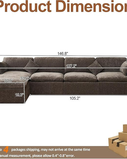 155''Cloud Boneless Sectional Couch, Modular Sectional Sofa Deep Seat with Ottoman, Oversized Upholstered Convertible Comfy 5 Seater Chenille Sofa L Shape Couches for Living Room, Brown