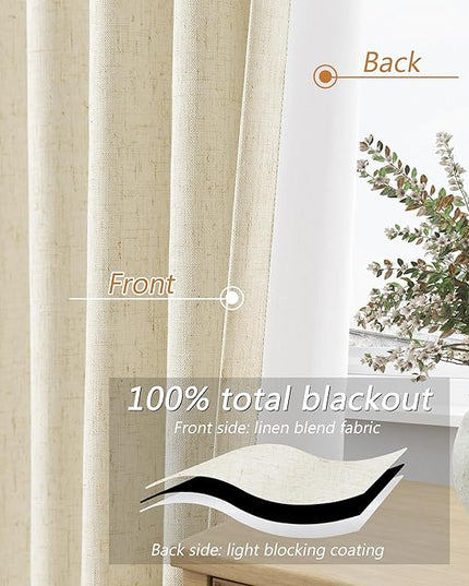 Guken Blackout Curtains 72 Inch Length 2 Panels Set for Living Room Bedroom Back Tab Thermal Insulated 100% Black Out Linen Drapes Room Darkening Window Curtains 72 Inches Long,Warm Beige