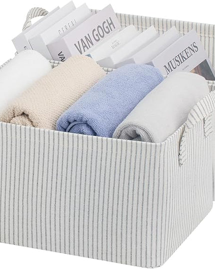 StorageWorks Storage Bins, Fabric Storage Bins for Shelves, Storage Baskets with Metal Frame, Closet Baskets and Bins with Handles, Khaki and Beige Stripes, 2-Pack