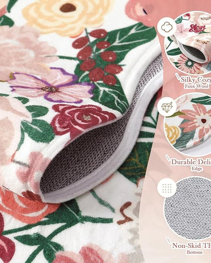 Wonnitar Washable 4ft Round Area Rug, Pink Camellia Floral Living Room Rugs for Bedroom Girls, Low Pile Soft French Throw Carpet for Kids Nursery Room Decor (Pink,4ft Round)