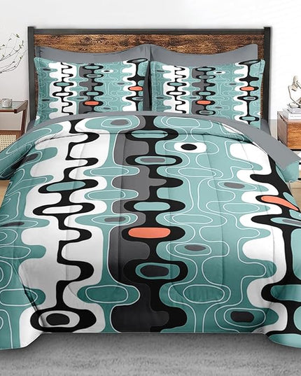 Comforter Set Queen Size, Mid Century Retro Stripe 7 Pcs Bedding for Kids and Adults, Vintage Cool Bed Sheet Sets with Fitted Sheet 2 Pillowcases & 2 Shams for Bedroom Bed Decor