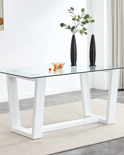 Ebullient Glass Dining Table, Modern Dining Table, 63" Tempered Glass Tabletop with White MDF Trapezoid Legs, Rectangle Kitchen Table for 4-6 Person, Ideal for Kitchen, Dining Room, Home, Apartment