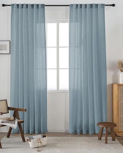 DUALIFE Dusty Blue Linen Semi Sheer Window Curtain 84 Inch Length Panels Drapes for Living Room Boho Rod Pocket Back Tab Long Curtains Set 2 for Farmhouse Decor Bedroom, 52 x 84
