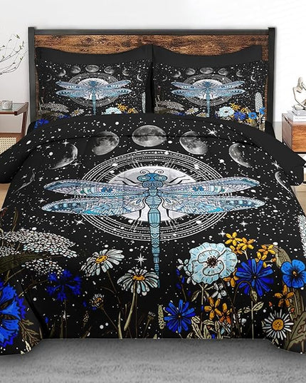 Comforter Set Twin Size, Dragonfly Flower Plant Bedding for Kids and Adults, Sun Moon Vintage Black Gold Bed Sheet Sets with Fitted Sheet Pillowcase & Sham for Bedroom Bed Decor