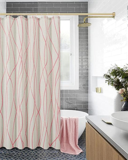 Pink Modern Farmhouse Linen Shower Curtain, Country Cottage Bathroom Decor Striped Minimal Boho Textured Linen Shower Curtain Set with Hooks, 72x72