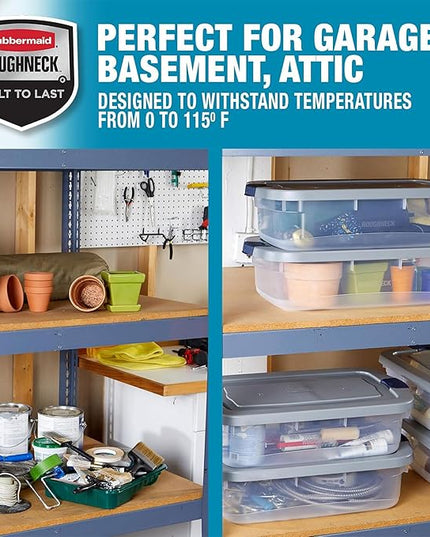 Rubbermaid Roughneck Clear 31 Qt/ 7.75 Gal Storage Containers, Pack of 6 with Snap-Fit Grey Lids, Visible Base, Sturdy and Stackable, Great for Storage and Organization
