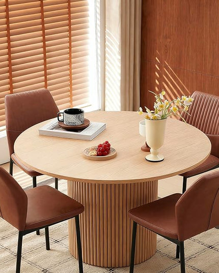 Pandolfni Dining Table Set for 4, 47" Wooden Round Kitchen Table with PU Leather Chairs for Kitchen Room and Small Spaces(Oak Table + 4 Brown Chairs)