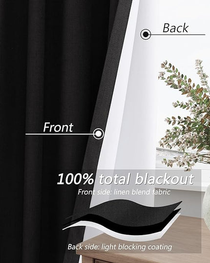 Guken Black Linen Blackout Curtains 90 Inch Length 2 Panels Set for Living Room Bedroom Back Tab Thermal Insulated 100% Black Out Linen Drapes Room Darkening Window Curtains 90 Inches Long