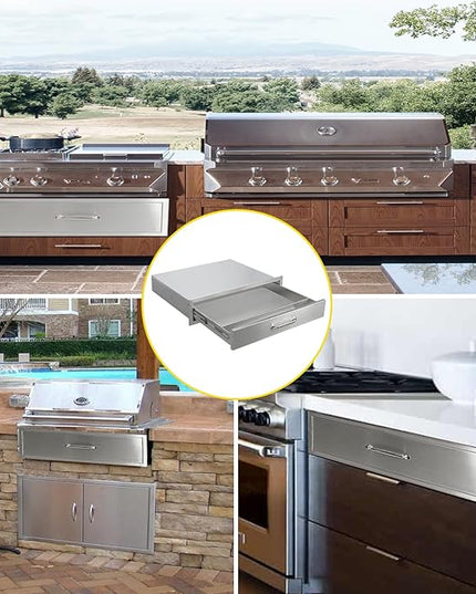 Outdoor Kitchen Drawers 30" W x 6.5" H x 23" D Flush Mount BBQ Single Drawers with Divider,Built-in Stainless Steel Drawer with Chrome Handle for Outdoor Kitchen Island Patio Grill Station