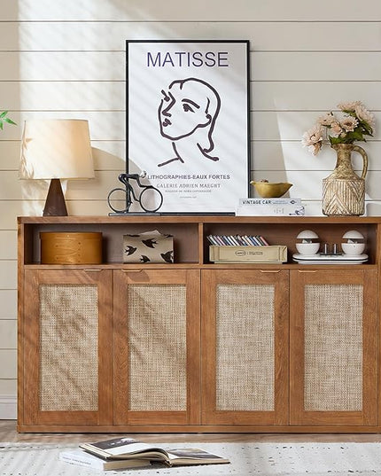 LEYAOYAO Rattan Sideboard Buffet Cabinet,55" Coffee Bar Cabinet with 4 Doors & Open Storage Shelf,Modern Credenza Console Table for Living Room Rattan Farmhouse entryway Brown